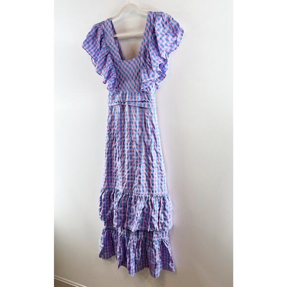 Entro Gingham Print Flutter Sleeve Square Neck Maxi Dress Purple Pink Medium - Picture 10 of 11